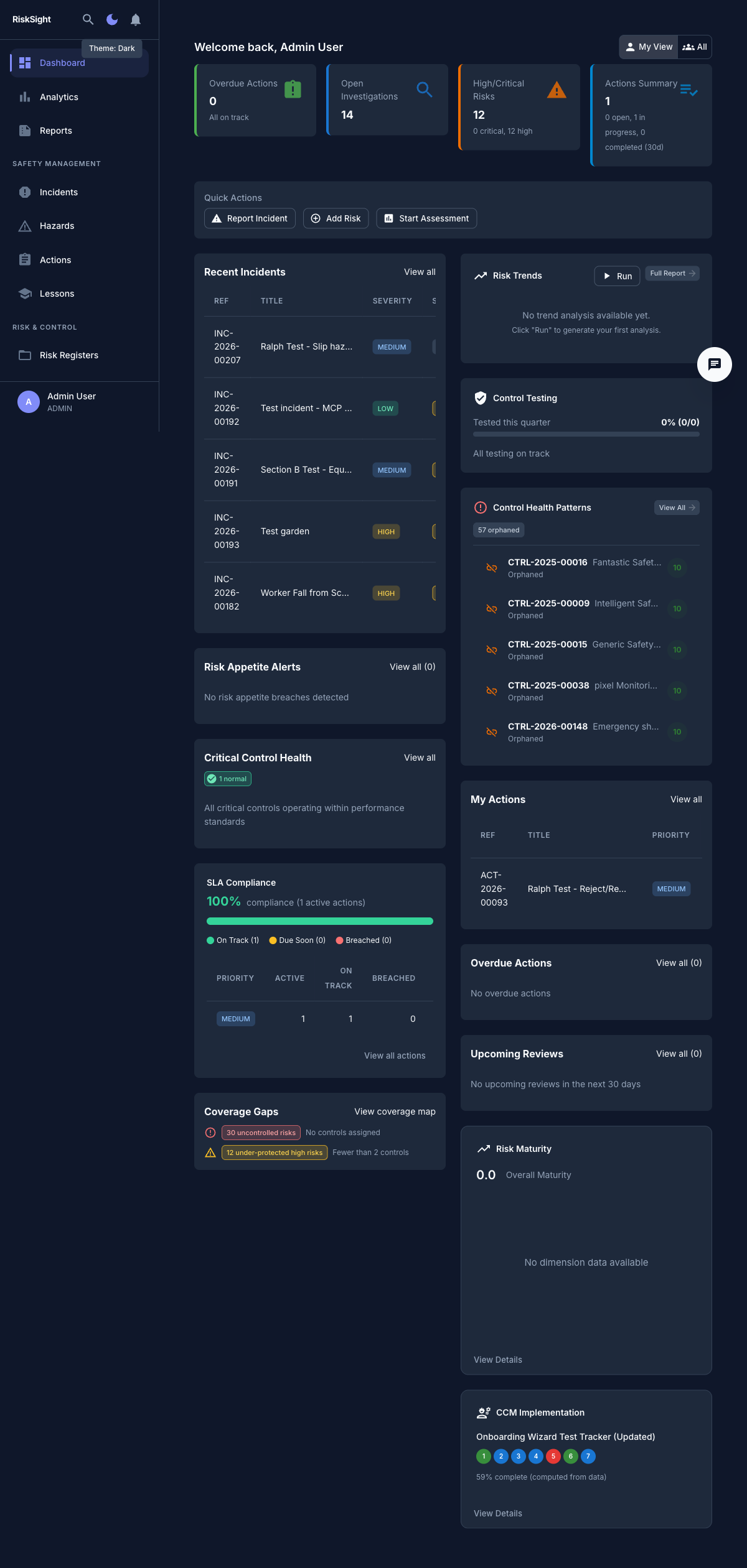 RiskSight dashboard showing risk overview, control health, incident trends, and action tracking